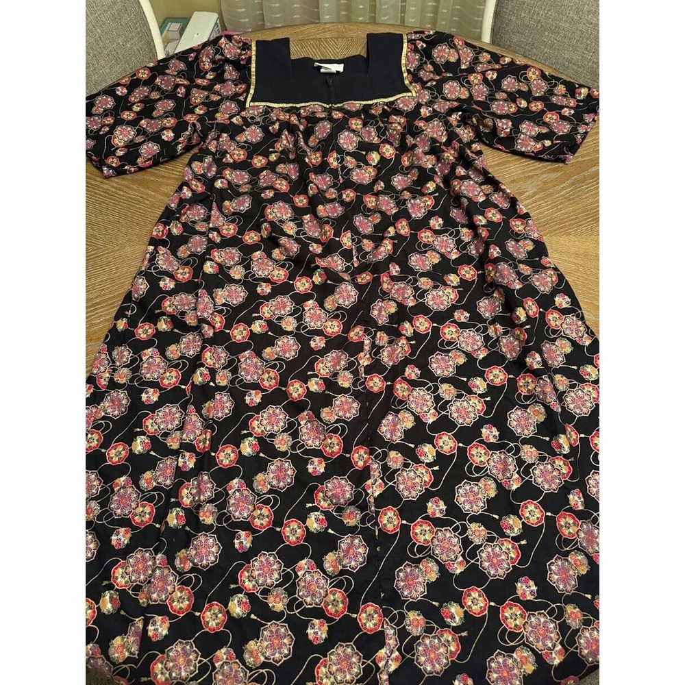 Vintage Kristi Gudnason 2XL Black Floral Pattern Dress 100% Cotton Made In USA